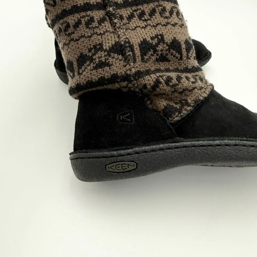 KEEN Auburn Winter Boots Sherpa Inner Suede Upper Tall Brown Midwest Print Women